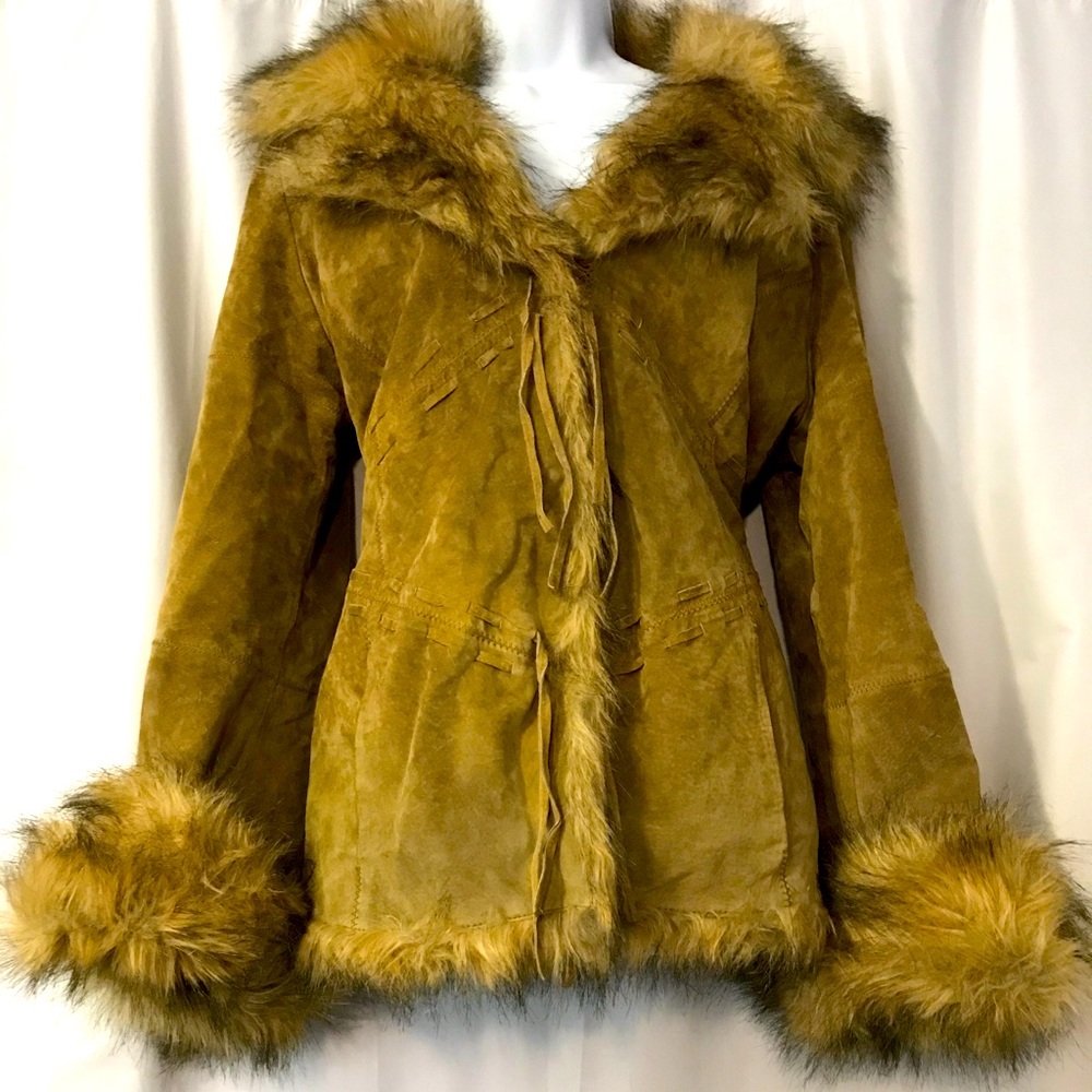 60’s Retro Look Suede Coat w Fur Collar & Cuffs L
